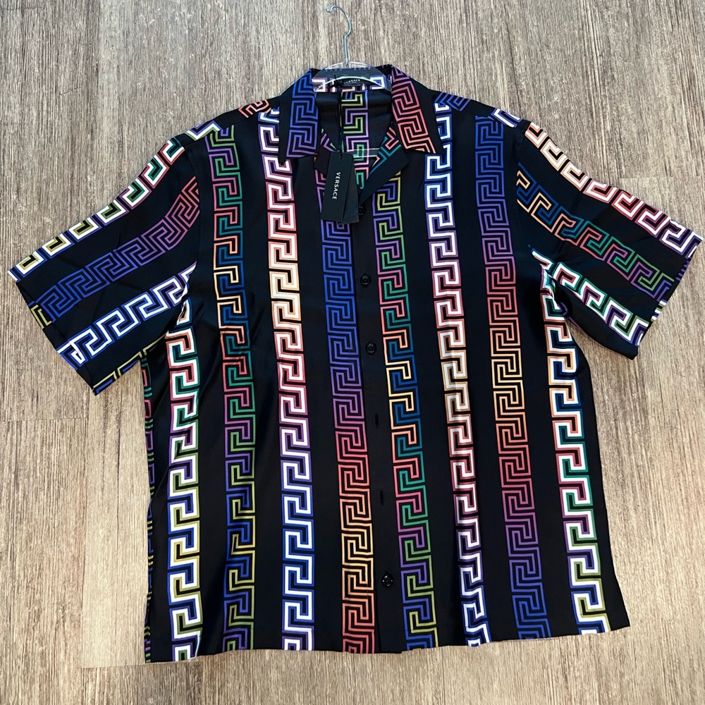 Versace Men's Black Greca Neon-print Silk Shirt
